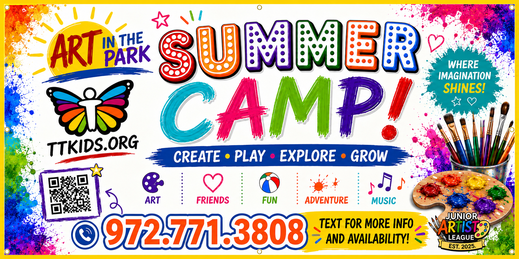 TTKids Art in the Park Summer Camp, Create, Play, Explore, Grow. Text 972-771-3808 for info.