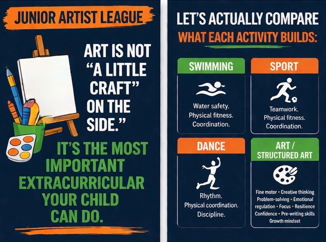 What each activity builds — swimming, sport, dance, and structured art comparison