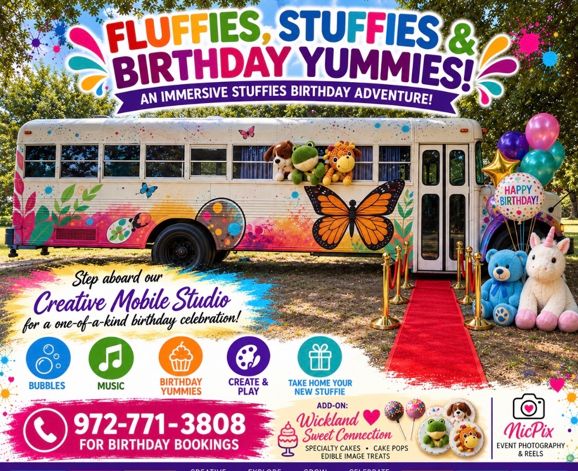 Fluffies, Stuffies & Birthday Yummies party flyer