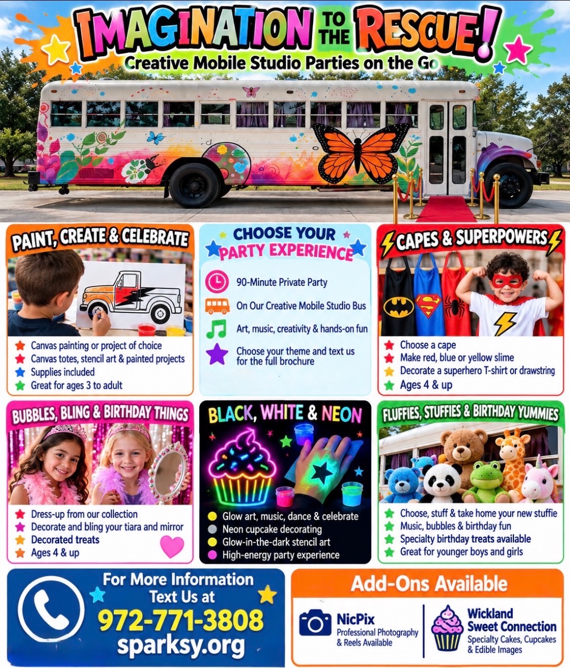 Imagination to the Rescue, Creative Mobile Studio parties on the go, with party themes and contact number 972-771-3808.